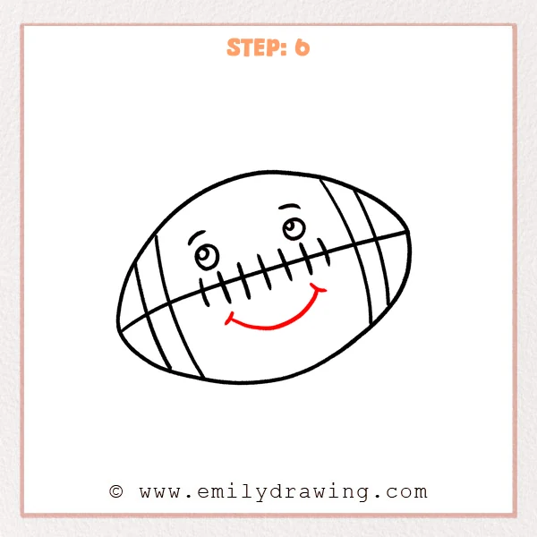 how to draw a cartoon football - A cartoon football with stripes and laces, now featuring two eyes and a wide curved smiling mouth below the laces.